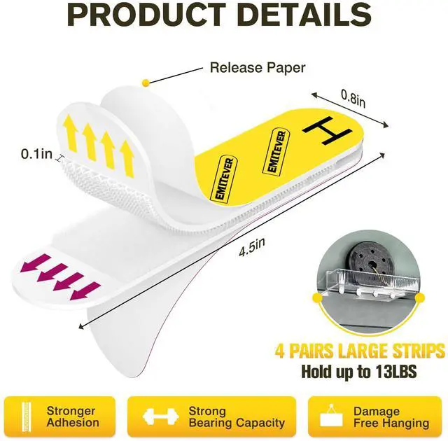 Alt view image 3 of 7 - Picture Hanging Strips Heavy Duty, Damage Free Picture Hangers for Walls, Hanging Hooks Kit Without Nails, Large Adhesive Wall Strip for Poster Sticky 20-Pairs (40 Strips)