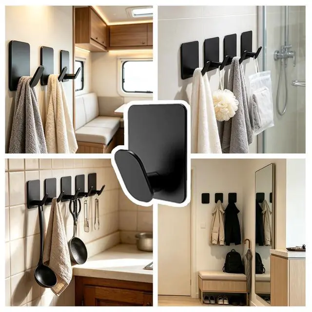 Alt view image 3 of 7 - Adhesive Hooks, Stainless Steel Wall Hooks for Camper & RV Use, Heavy-Duty No-Drill Hooks for Towels, Robes, Keys & Bags, Ideal for RV Bathroom, Kitchen & Shower (Matte Black)