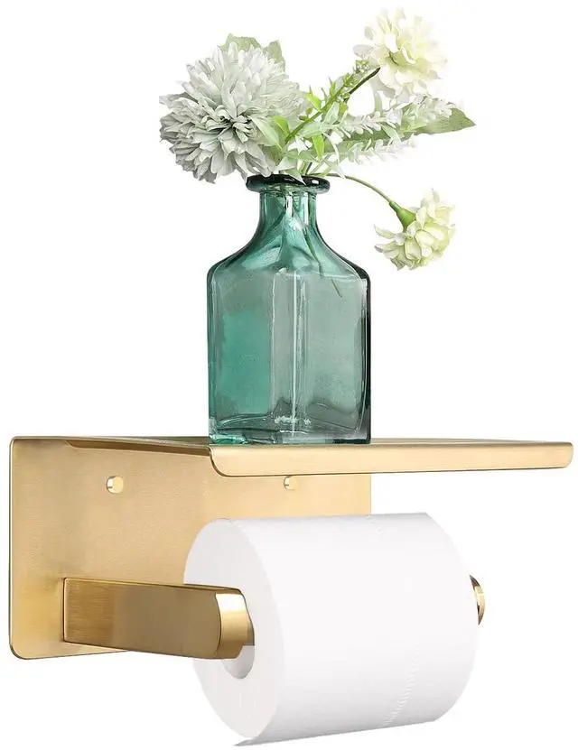 Main image of Toilet Paper Holder with Shelf, Heavy Duty Bath Toilet Roll Holder with Phone Shelf Tissue Hanger for Bathroom/Kitchen No Drill or Wall Mounted(304 Stainless Steel, Brushed Gold)