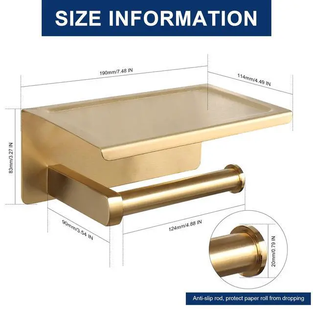 Alt view image 2 of 7 - Toilet Paper Holder with Shelf, Heavy Duty Bath Toilet Roll Holder with Phone Shelf Tissue Hanger for Bathroom/Kitchen No Drill or Wall Mounted(304 Stainless Steel, Brushed Gold)