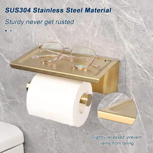Alt view image 3 of 7 - Toilet Paper Holder with Shelf, Heavy Duty Bath Toilet Roll Holder with Phone Shelf Tissue Hanger for Bathroom/Kitchen No Drill or Wall Mounted(304 Stainless Steel, Brushed Gold)