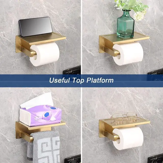 Alt view image 4 of 7 - Toilet Paper Holder with Shelf, Heavy Duty Bath Toilet Roll Holder with Phone Shelf Tissue Hanger for Bathroom/Kitchen No Drill or Wall Mounted(304 Stainless Steel, Brushed Gold)