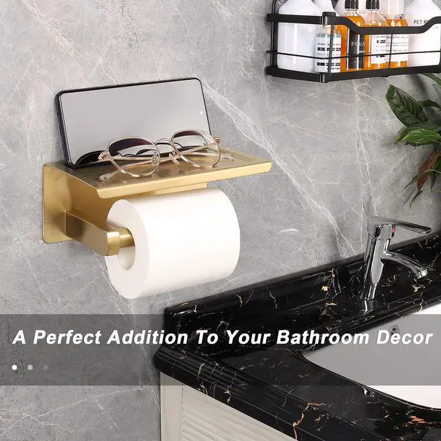 Alt view image 5 of 7 - Toilet Paper Holder with Shelf, Heavy Duty Bath Toilet Roll Holder with Phone Shelf Tissue Hanger for Bathroom/Kitchen No Drill or Wall Mounted(304 Stainless Steel, Brushed Gold)