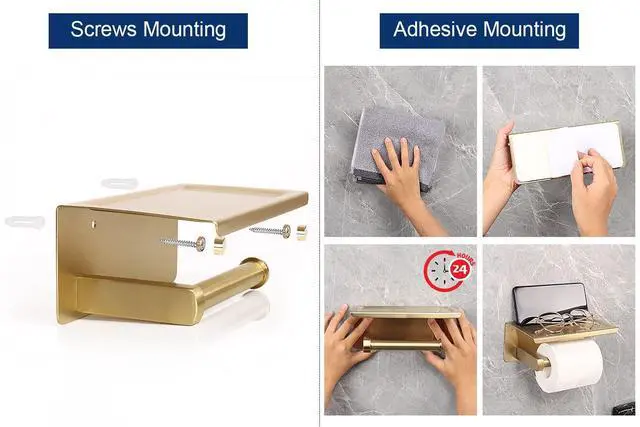 Alt view image 6 of 7 - Toilet Paper Holder with Shelf, Heavy Duty Bath Toilet Roll Holder with Phone Shelf Tissue Hanger for Bathroom/Kitchen No Drill or Wall Mounted(304 Stainless Steel, Brushed Gold)