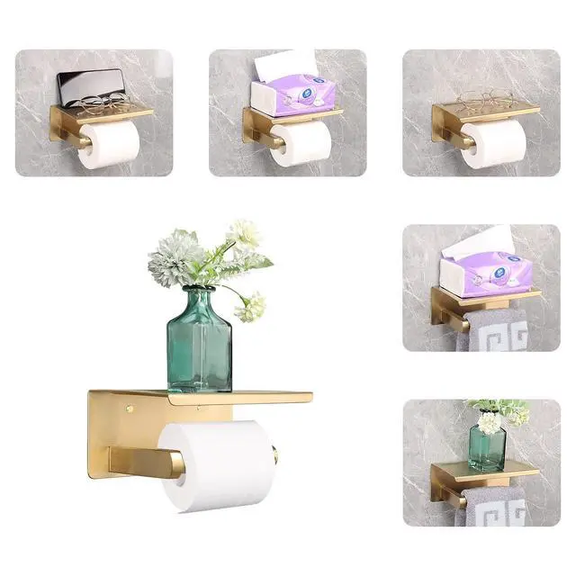 Alt view image 7 of 7 - Toilet Paper Holder with Shelf, Heavy Duty Bath Toilet Roll Holder with Phone Shelf Tissue Hanger for Bathroom/Kitchen No Drill or Wall Mounted(304 Stainless Steel, Brushed Gold)