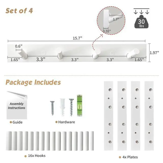Alt view image 2 of 7 - White Coat Hooks Wall Mount for Hanging 4 Pack, 16 Inch Wood Entryway Coat Rack Wall Mounted Heavy Duty, Modern Large Wall Hooks for Hats Kids Clothes Bags Purses Caps Closet - 16 Hooks