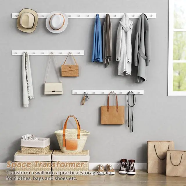 Alt view image 4 of 7 - White Coat Hooks Wall Mount for Hanging 4 Pack, 16 Inch Wood Entryway Coat Rack Wall Mounted Heavy Duty, Modern Large Wall Hooks for Hats Kids Clothes Bags Purses Caps Closet - 16 Hooks