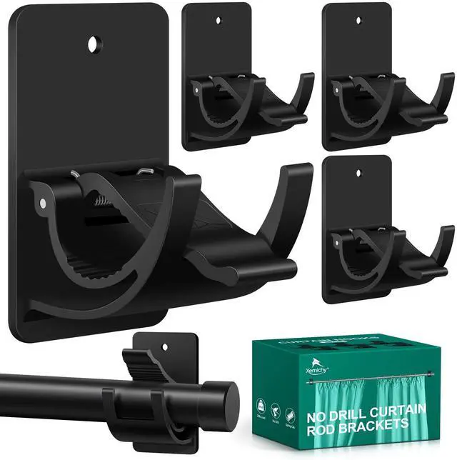 Main image of No Drill Curtain Rod Brackets, 4 PCS Self Adhesive Curtain Hooks 20lb, Nail Free Adjustable Curtain Rod Holders Rental Friendly for Apartment, Kitchen, Bathroom, Dorm Living Room