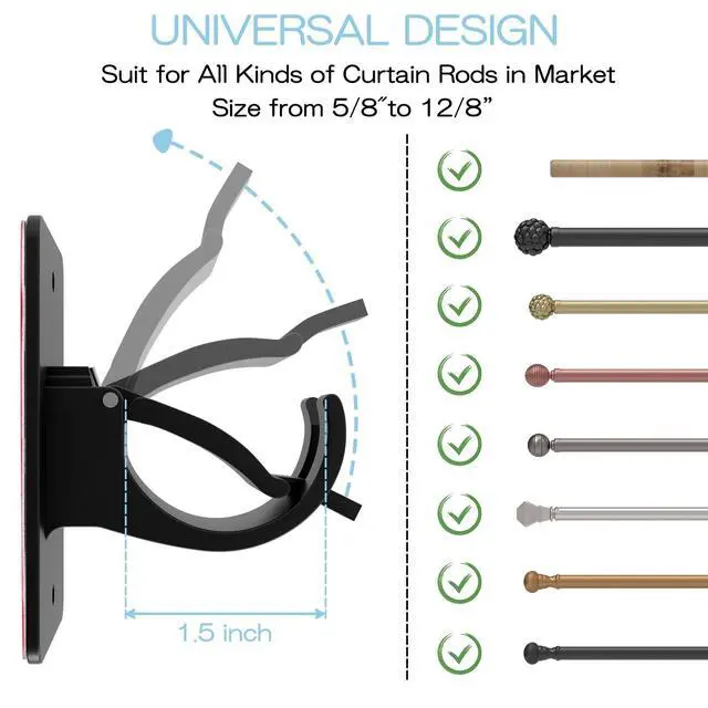 Alt view image 2 of 7 - 4 Pieces Self Adhesive Curtain Rod Bracket, Universal Plastic Curtain Rod Holders, No Drill Curtain Rod Brackets Curtain Rod Hooks for Bathroom, Bedroom, Livingroom, Kitchen (Black)