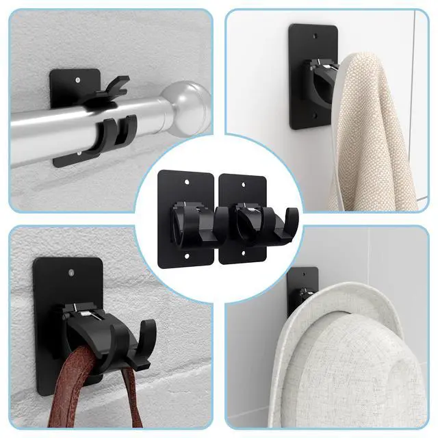 Alt view image 6 of 7 - 4 Pieces Self Adhesive Curtain Rod Bracket, Universal Plastic Curtain Rod Holders, No Drill Curtain Rod Brackets Curtain Rod Hooks for Bathroom, Bedroom, Livingroom, Kitchen (Black)