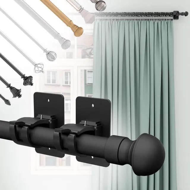 Alt view image 5 of 7 - 4 Pieces Self Adhesive Curtain Rod Bracket, Universal Plastic Curtain Rod Holders, No Drill Curtain Rod Brackets Curtain Rod Hooks for Bathroom, Bedroom, Livingroom, Kitchen (Black)