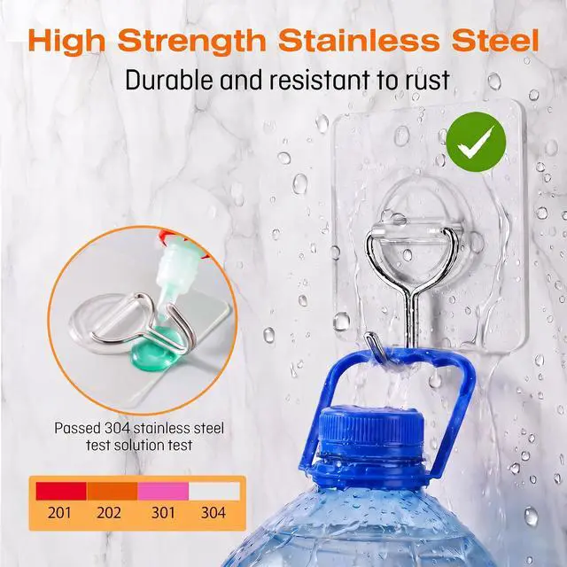 Alt view image 4 of 7 - Adhesive Wall Hooks for Hanging Heavy Duty 33lb(Max), Waterproof and Rustproof Transparent Self Adhesive Hooks for Bathroom Kitchen Outdoor and Home Improvement -24 Pack