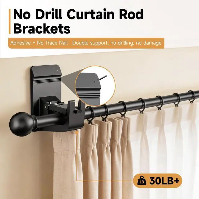 Alt view image 2 of 7 - Universal Heavy Duty Curtain Rod Brackets, No Drill Curtain Rod Brackets with Adhesive & Invisible Nail, 30+LB Load Curtain Rod Holders, Damage Free Curtain Rod Hooks for Wall, Bathroom, Kitchen 4PC