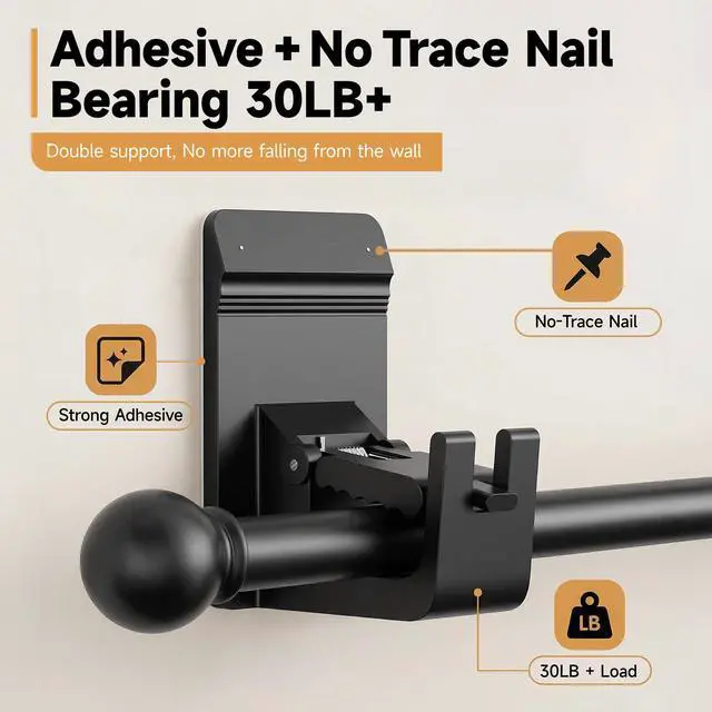 Alt view image 5 of 7 - Universal Heavy Duty Curtain Rod Brackets, No Drill Curtain Rod Brackets with Adhesive & Invisible Nail, 30+LB Load Curtain Rod Holders, Damage Free Curtain Rod Hooks for Wall, Bathroom, Kitchen 4PC