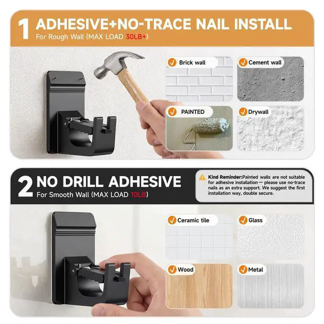Alt view image 7 of 7 - Universal Heavy Duty Curtain Rod Brackets, No Drill Curtain Rod Brackets with Adhesive & Invisible Nail, 30+LB Load Curtain Rod Holders, Damage Free Curtain Rod Hooks for Wall, Bathroom, Kitchen 4PC