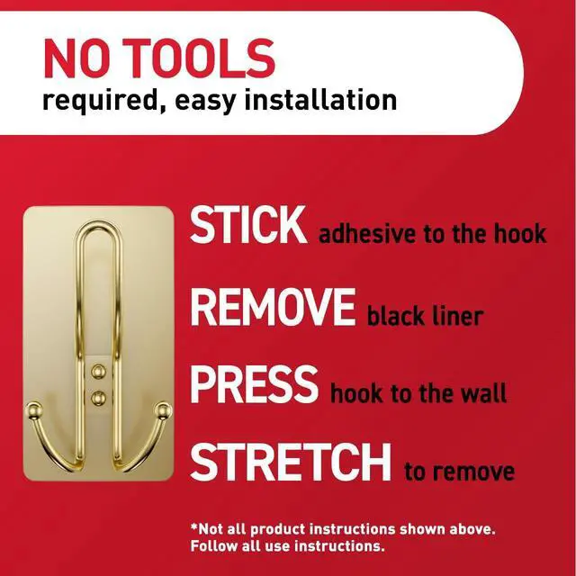 Alt view image 4 of 7 - Large Satin Brass Triple Hook, 1 Hook, 3 Strips, Damage-Free Hanging with Adhesive Strips, No Tools Wall Hook for Hanging Decorations in Living Spaces