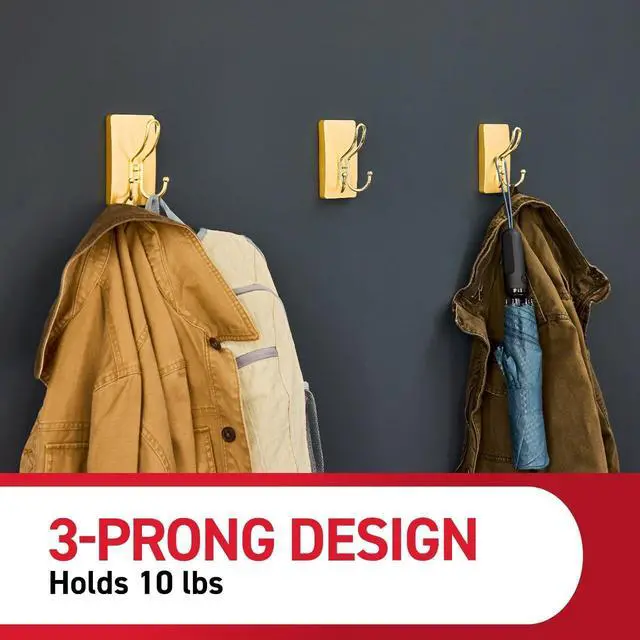 Alt view image 6 of 7 - Large Satin Brass Triple Hook, 1 Hook, 3 Strips, Damage-Free Hanging with Adhesive Strips, No Tools Wall Hook for Hanging Decorations in Living Spaces