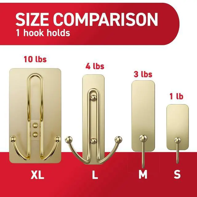 Alt view image 7 of 7 - Large Satin Brass Triple Hook, 1 Hook, 3 Strips, Damage-Free Hanging with Adhesive Strips, No Tools Wall Hook for Hanging Decorations in Living Spaces
