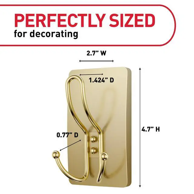 Alt view image 5 of 7 - Large Satin Brass Triple Hook, 1 Hook, 3 Strips, Damage-Free Hanging with Adhesive Strips, No Tools Wall Hook for Hanging Decorations in Living Spaces