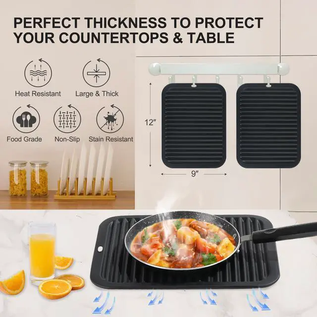 Alt view image 2 of 6 - 9"x12" Large Heat Resistant Silicone Trivets for Hot Pots and Pans, Hot Dishes, 2 PCS Multipurpose Non Slip Pot Holders Hot Pads for Kitchen Countertop Table, Food Grade & BPA Free, Black