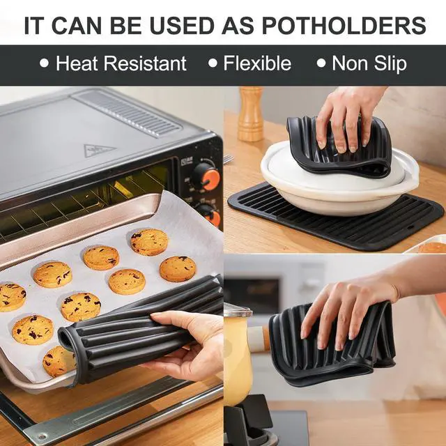 Alt view image 3 of 6 - 9"x12" Large Heat Resistant Silicone Trivets for Hot Pots and Pans, Hot Dishes, 2 PCS Multipurpose Non Slip Pot Holders Hot Pads for Kitchen Countertop Table, Food Grade & BPA Free, Black