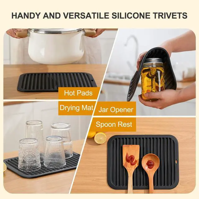 Alt view image 4 of 6 - 9"x12" Large Heat Resistant Silicone Trivets for Hot Pots and Pans, Hot Dishes, 2 PCS Multipurpose Non Slip Pot Holders Hot Pads for Kitchen Countertop Table, Food Grade & BPA Free, Black