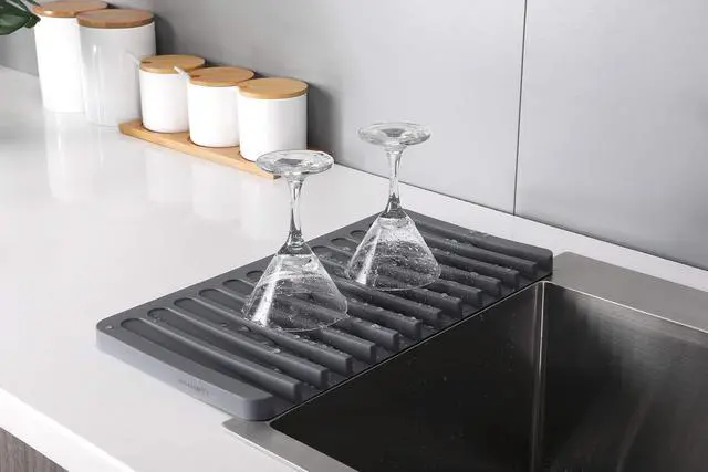 Main image of Self-Draining 2 in 1 Silicone Drying Mat and Trivet by Modern Joe's. Premium Space Saving Dish and Glassware Silicone Mat. Made from Food-grade, Dish Washer Safe and Heat Resistant (Gray)