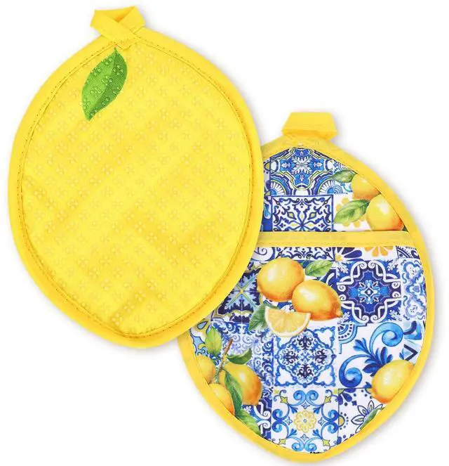 Main image of Yellow Lemon Pot Holders Heat Resistant Cotton Hot Pad Non-Slip Potholder Oven Mitt Blue Porcelain Floral Trivet Mat for Kitchen Cooking Baking, 7" x 9"