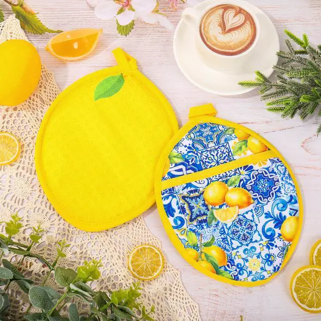 Alt view image 4 of 7 - Yellow Lemon Pot Holders Heat Resistant Cotton Hot Pad Non-Slip Potholder Oven Mitt Blue Porcelain Floral Trivet Mat for Kitchen Cooking Baking, 7" x 9"