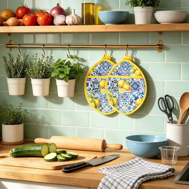 Alt view image 5 of 7 - Yellow Lemon Pot Holders Heat Resistant Cotton Hot Pad Non-Slip Potholder Oven Mitt Blue Porcelain Floral Trivet Mat for Kitchen Cooking Baking, 7" x 9"