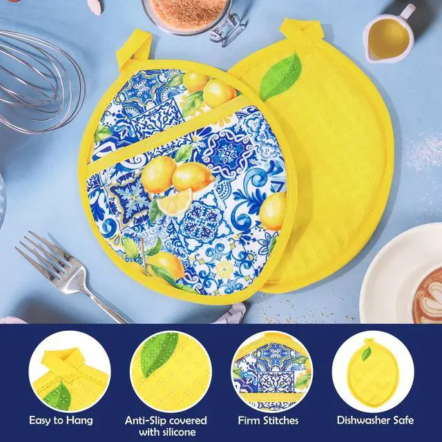 Alt view image 3 of 7 - Yellow Lemon Pot Holders Heat Resistant Cotton Hot Pad Non-Slip Potholder Oven Mitt Blue Porcelain Floral Trivet Mat for Kitchen Cooking Baking, 7" x 9"