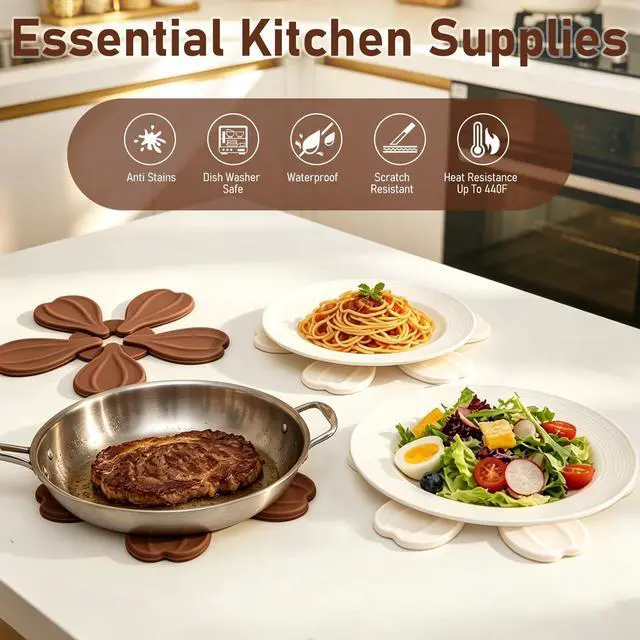Alt view image 3 of 7 - Silicone Trivets for Hot Dishes Pans Teapot Cups, Trivet Tree Set 6 Pack Trivets +1 Stand - Collapsible Hot Pads Heat Pot Holders, Hot Pads for Table Countertops Kitchen, Latte Color