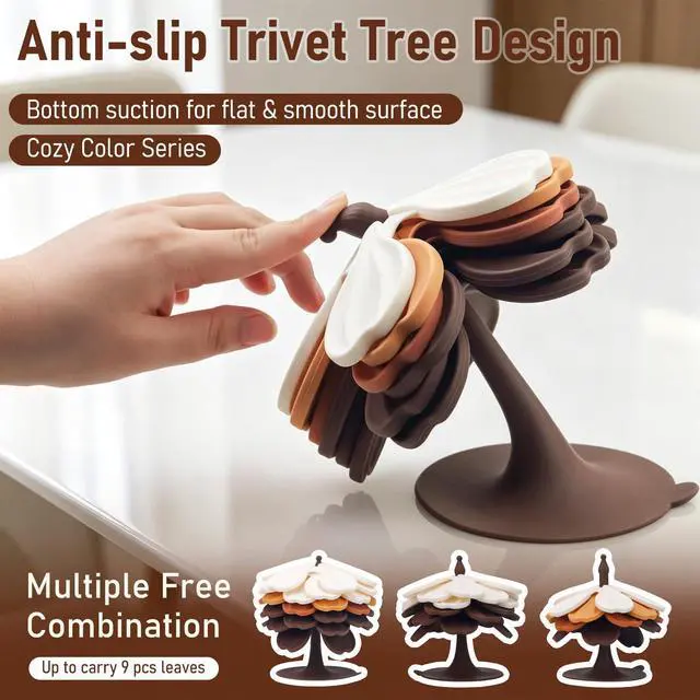 Alt view image 5 of 7 - Silicone Trivets for Hot Dishes Pans Teapot Cups, Trivet Tree Set 6 Pack Trivets +1 Stand - Collapsible Hot Pads Heat Pot Holders, Hot Pads for Table Countertops Kitchen, Latte Color