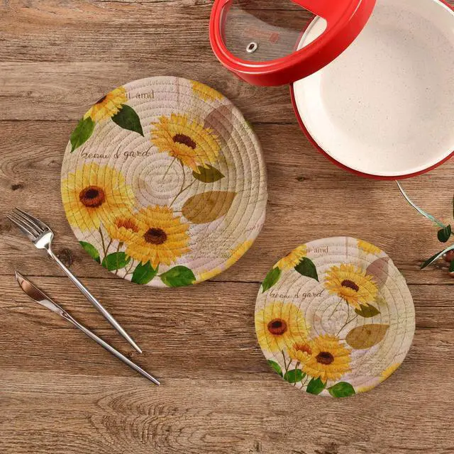 Alt view image 2 of 7 - Yellow Watercolor Sunflowers Trivet Pot Holder - Round Woven Potholders Set - Cotton Braided Hot Pads - Coasters - Table Mats for Cooking and Baking