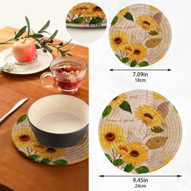 Alt view image 3 of 7 - Yellow Watercolor Sunflowers Trivet Pot Holder - Round Woven Potholders Set - Cotton Braided Hot Pads - Coasters - Table Mats for Cooking and Baking
