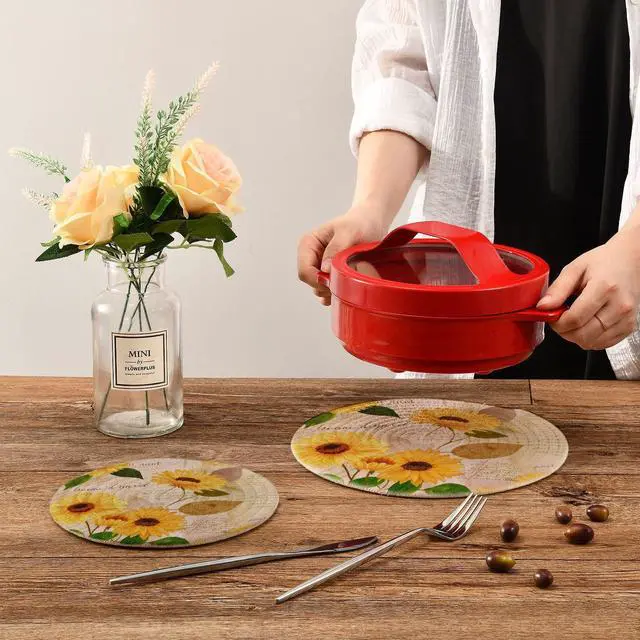 Alt view image 7 of 7 - Yellow Watercolor Sunflowers Trivet Pot Holder - Round Woven Potholders Set - Cotton Braided Hot Pads - Coasters - Table Mats for Cooking and Baking