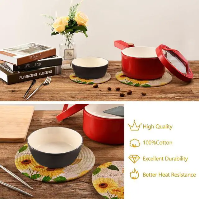Alt view image 6 of 7 - Yellow Watercolor Sunflowers Trivet Pot Holder - Round Woven Potholders Set - Cotton Braided Hot Pads - Coasters - Table Mats for Cooking and Baking