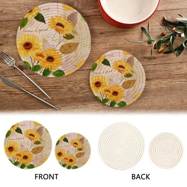 Alt view image 4 of 7 - Yellow Watercolor Sunflowers Trivet Pot Holder - Round Woven Potholders Set - Cotton Braided Hot Pads - Coasters - Table Mats for Cooking and Baking