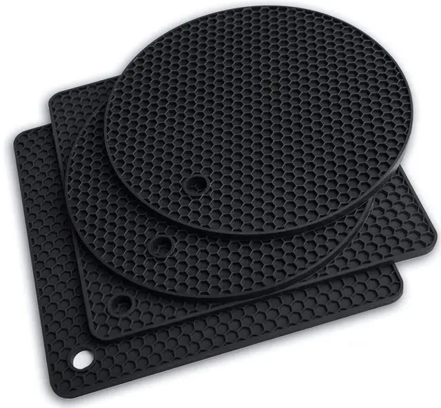 Main image of Silicone Trivet for Hot Dishes. Silicone Pot Holders are Heat Resistant Mats for Countertop up to 440°F, Multipurpose - Non Slip Jar Opener Hot Disher Spoon Rest Food Grade & BPA Free (Black)