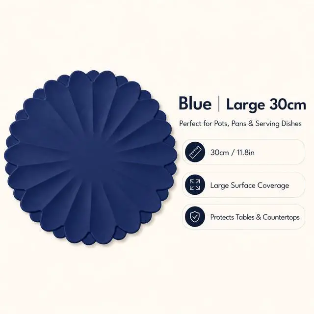 Alt view image 2 of 7 - Heat-Resistant Silicone Trivet Mats, Non-Slip Hot Plate Holder for Kitchen Countertops & Dining Table, Reusable Pot Holder Pad with Secure Grip, Dishwasher Safe (Blue, Diameter: 30cm/11.81")