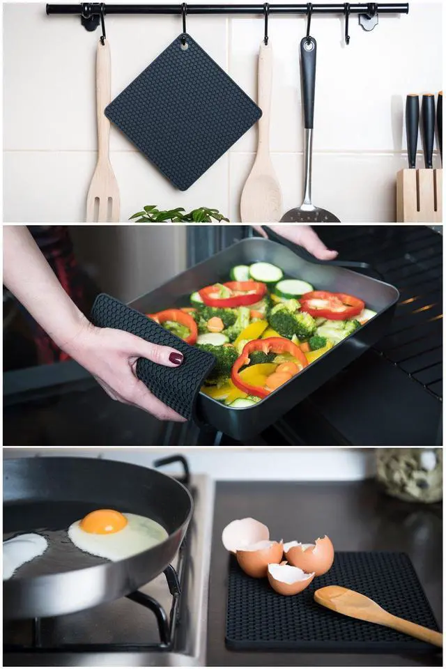 Alt view image 5 of 7 - Silicone Trivet for Hot Dishes. Silicone Pot Holders are Heat Resistant Mats for Countertop up to 440°F, Multipurpose - Non Slip Jar Opener Hot Disher Spoon Rest Food Grade & BPA Free (Black)