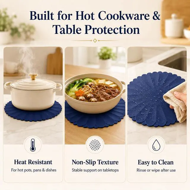 Alt view image 4 of 7 - Heat-Resistant Silicone Trivet Mats, Non-Slip Hot Plate Holder for Kitchen Countertops & Dining Table, Reusable Pot Holder Pad with Secure Grip, Dishwasher Safe (Blue, Diameter: 30cm/11.81")