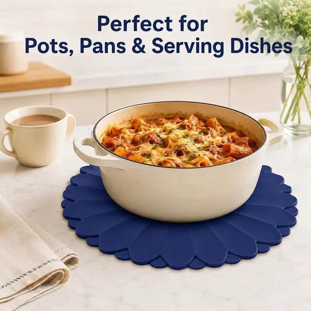 Alt view image 6 of 7 - Heat-Resistant Silicone Trivet Mats, Non-Slip Hot Plate Holder for Kitchen Countertops & Dining Table, Reusable Pot Holder Pad with Secure Grip, Dishwasher Safe (Blue, Diameter: 30cm/11.81")