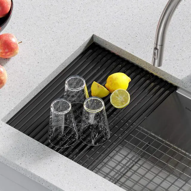 Alt view image 2 of 7 - Multipurpose Workstation Sink Roll-Up Dish Drying Rack, Colander and Trivet in Red, KRM-11RD