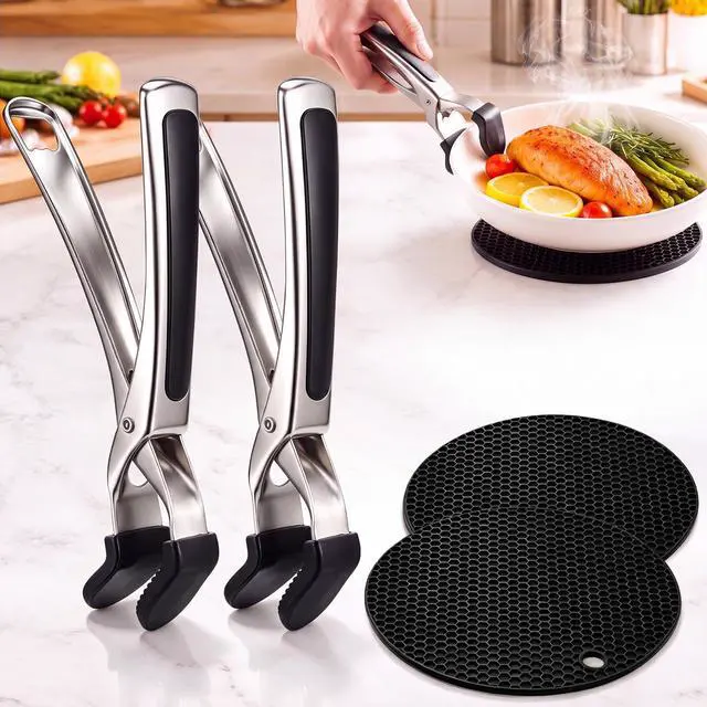 Main image of Hot Plate Gripper & Silicone Trivet Set Kitchen Heat Protection Kit Non Slip Stainless Steel Pan Grippers with Heat Resistant Mats-Safe Hot Dish Lifter for Oven, Stove,Countertop Use