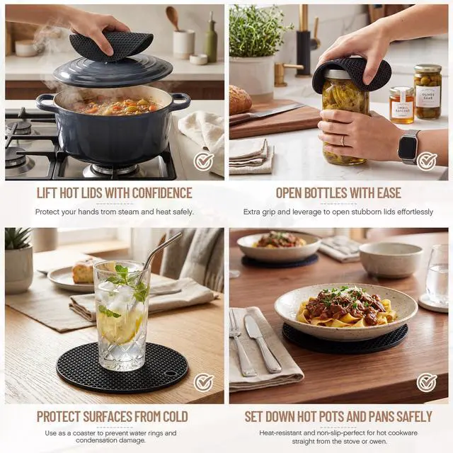 Alt view image 6 of 6 - Hot Plate Gripper & Silicone Trivet Set Kitchen Heat Protection Kit Non Slip Stainless Steel Pan Grippers with Heat Resistant Mats-Safe Hot Dish Lifter for Oven, Stove,Countertop Use