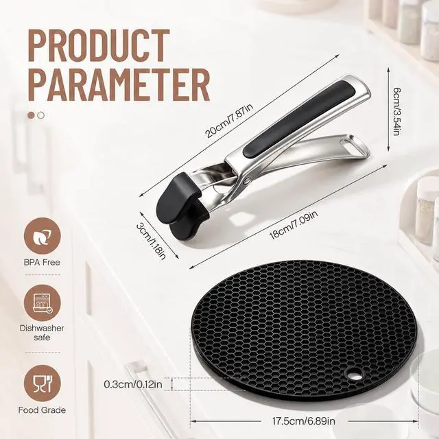 Alt view image 4 of 6 - Hot Plate Gripper & Silicone Trivet Set Kitchen Heat Protection Kit Non Slip Stainless Steel Pan Grippers with Heat Resistant Mats-Safe Hot Dish Lifter for Oven, Stove,Countertop Use