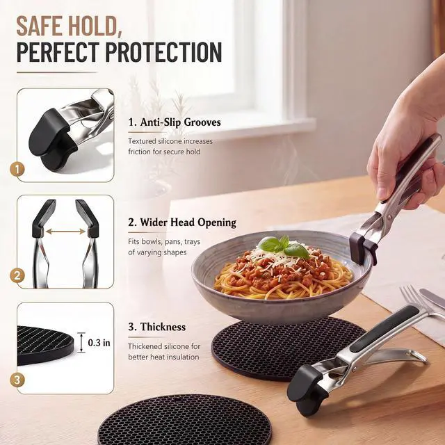 Alt view image 5 of 6 - Hot Plate Gripper & Silicone Trivet Set Kitchen Heat Protection Kit Non Slip Stainless Steel Pan Grippers with Heat Resistant Mats-Safe Hot Dish Lifter for Oven, Stove,Countertop Use