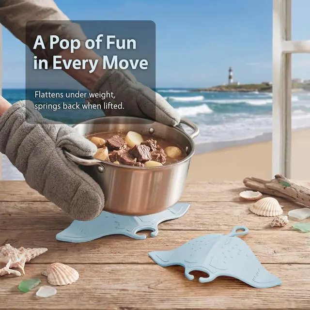 Alt view image 3 of 6 - Cute Silicone Trivets for Hot Pots and Pans w/Pop-up Fun, Heat Resistant Mats for Quartz Countertop, Ocean Themed Pot Holder Pads for Coastal Decor, Kitchen Gifts for Beach Lovers Blue 2 Pack