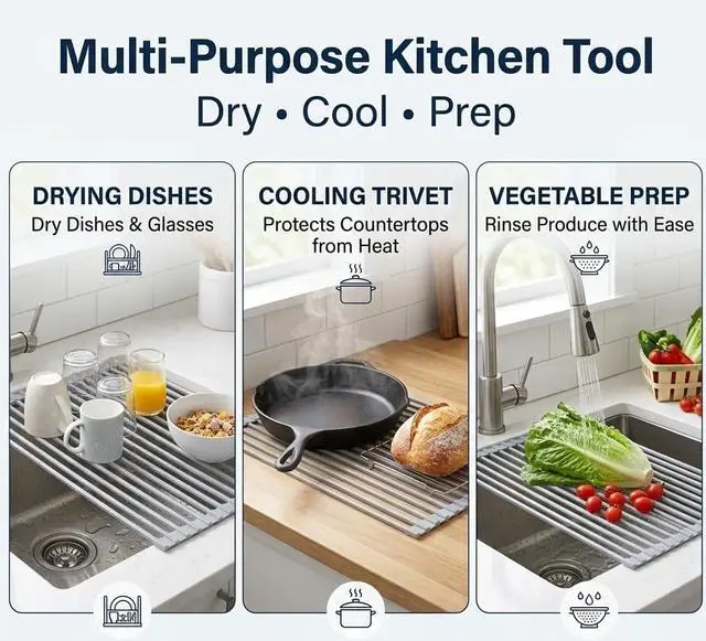 Alt view image 3 of 7 - Roll Up Drying Rack for Kitchen Sink, Over-the-Sink Silicone Sink Drying Mat, Dish Drying Mat, Multi-Purpose Silicone Dish Rack, Heat Resistant Trivet ,17.5x13inch,gray7